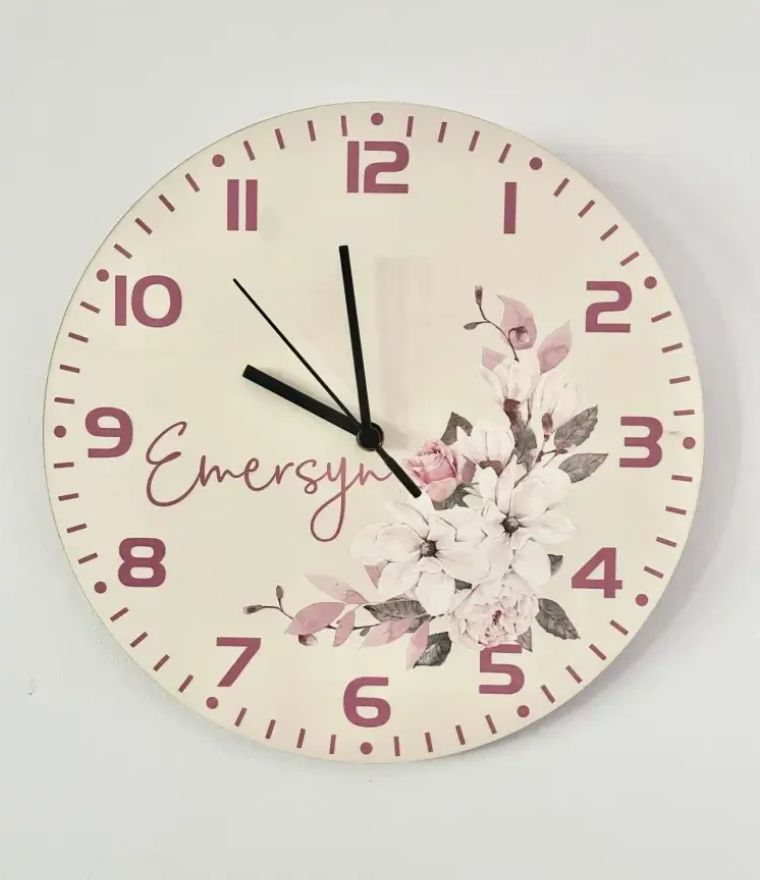 Personalised kids wall clock with floral design and clear numbers