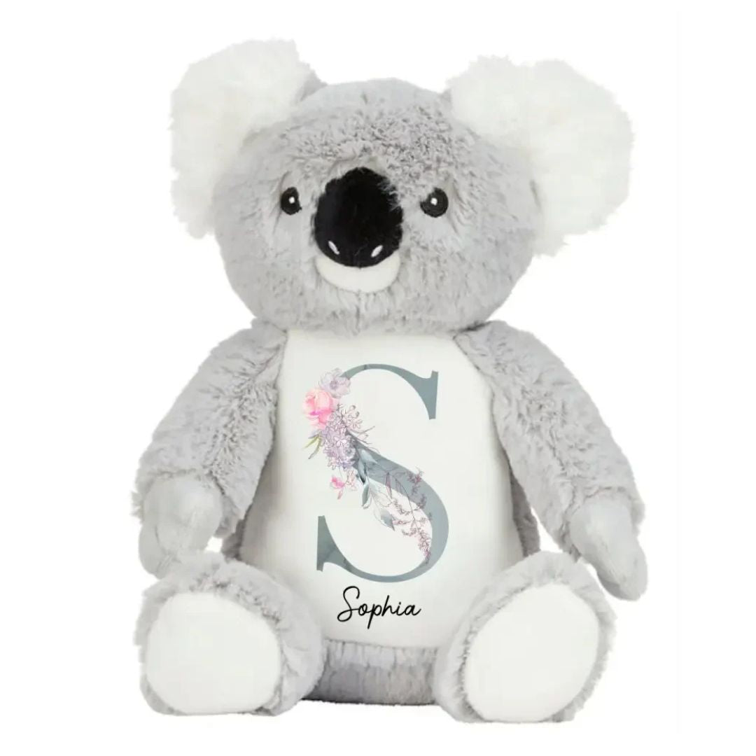 Personalised Koala Plush in grey floral letter design, printed with baby's name
