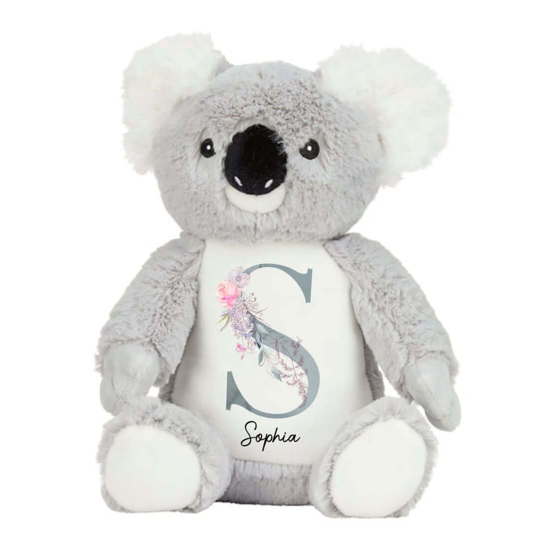 Personalised Koala Plush - grey floral letter - with baby's name