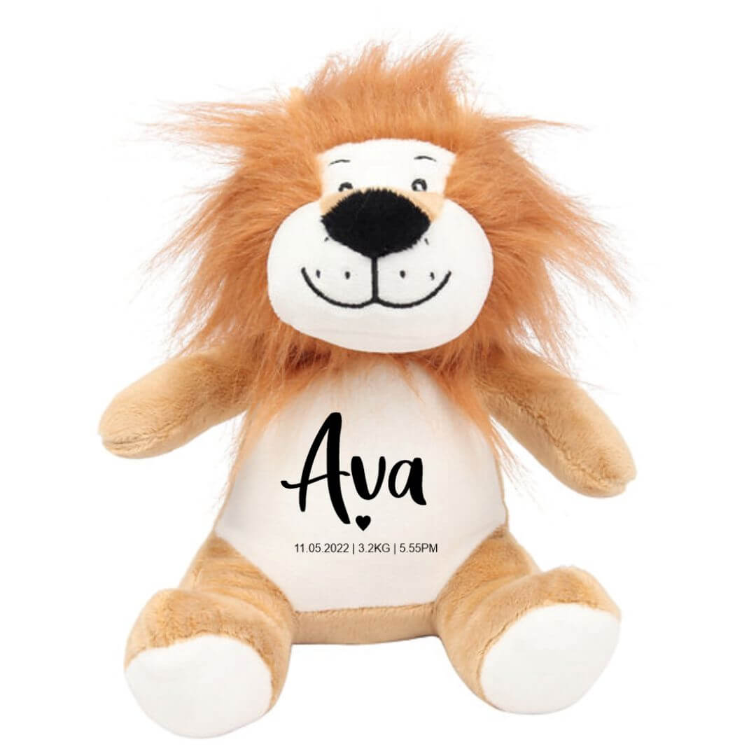 Personalised Lion Plush with heart & baby's birth details | Newborn Baby Gift - Lulu Babe