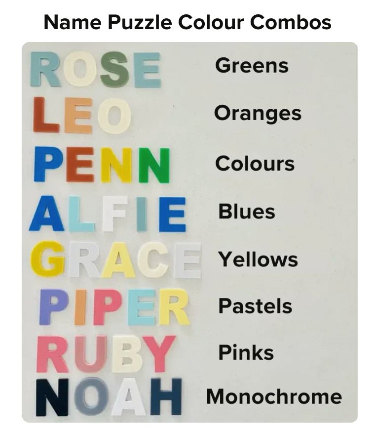 Colour options for personalised name puzzle for babies and toddlers