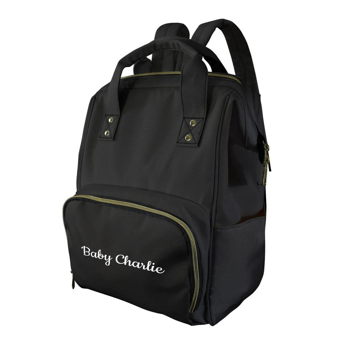 Black personalised nappy backpack with baby's name on front pocket