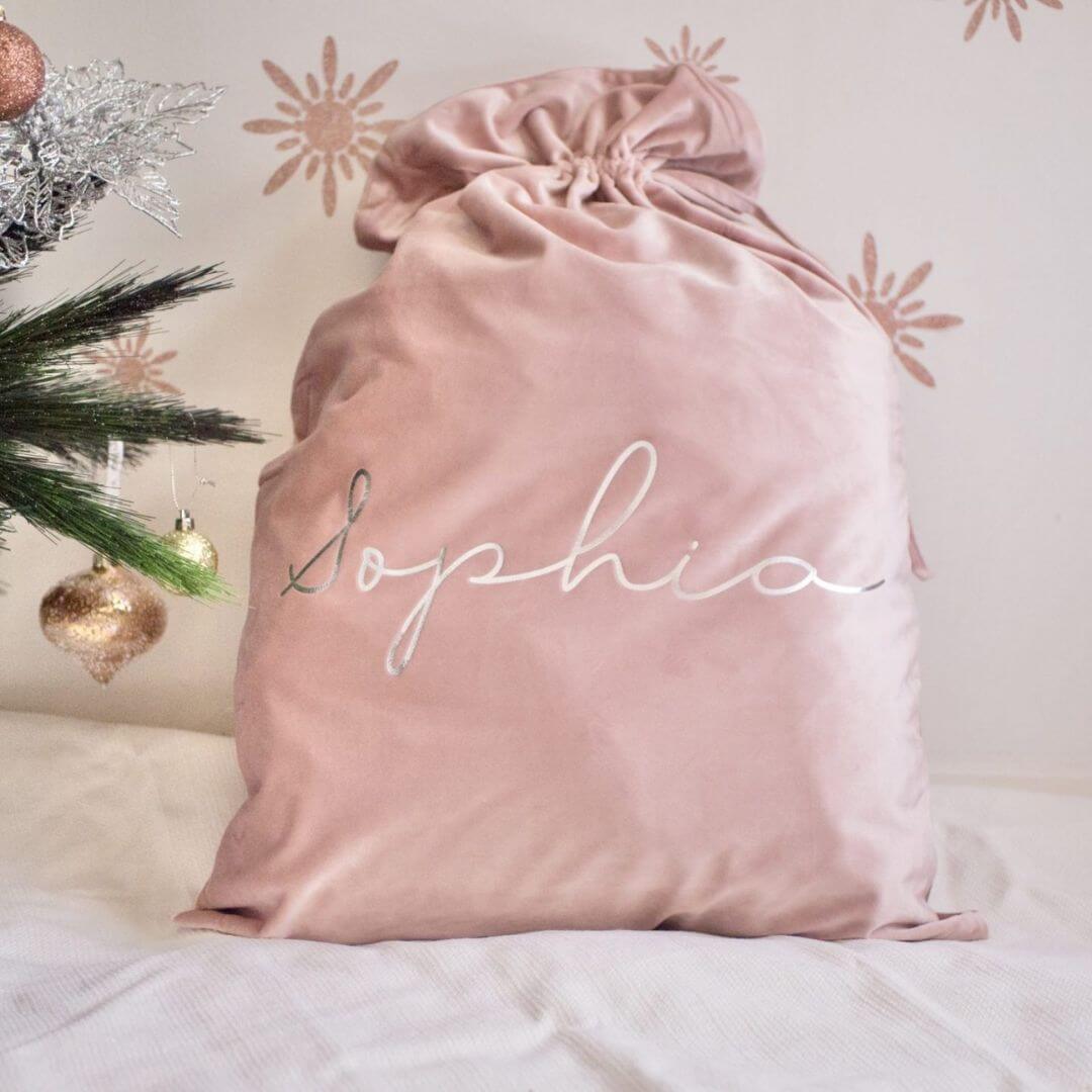 Personalised Santa Sack Blush (also in green, red, lilac, cream, silver & navy) | Velvet Kids Christmas Sack - Lulu Babe