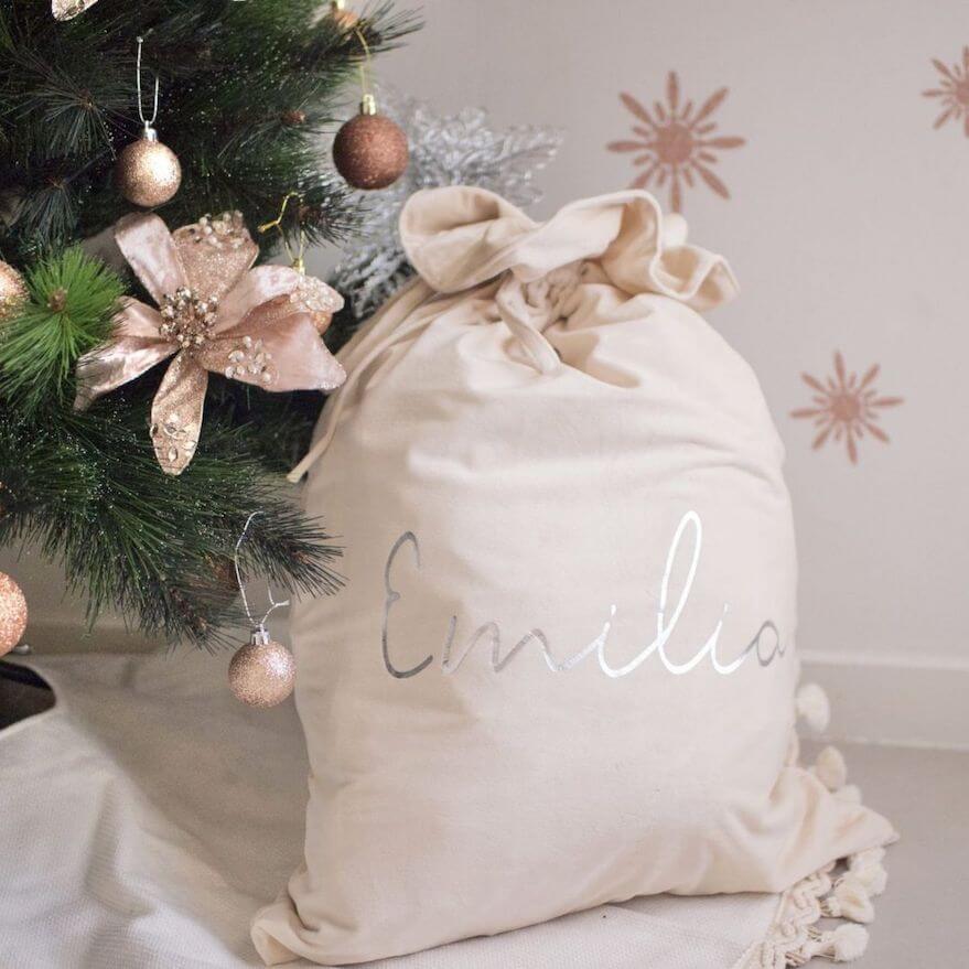 Personalised Santa Sack Cream (also in blush, green, red, lilac, silver & navy) | Velvet Kids Christmas Sack - Lulu Babe