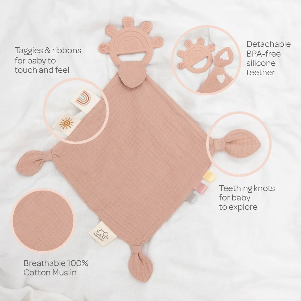 Personalised silicone comfort teether in rose. 