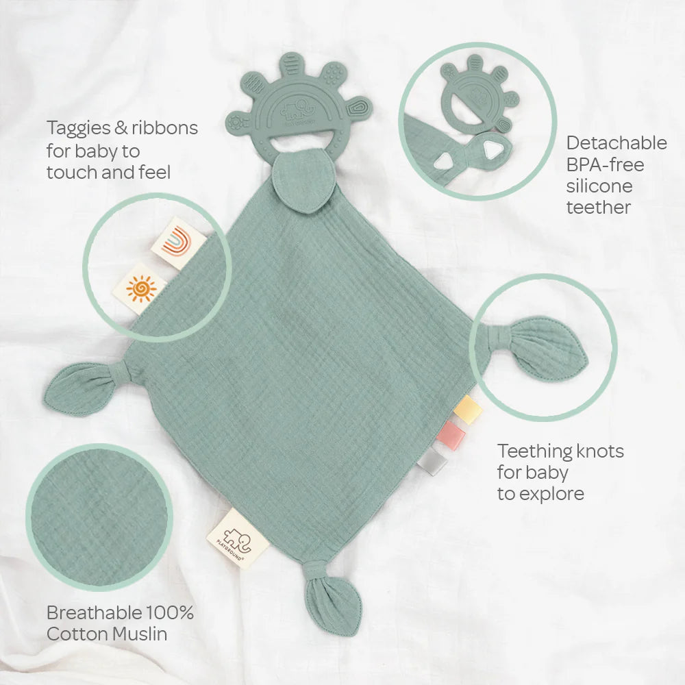 Personalised silicone comfort teether in sage, featuring soft muslin, ribbons, and detachable BPA-free teether for babies.