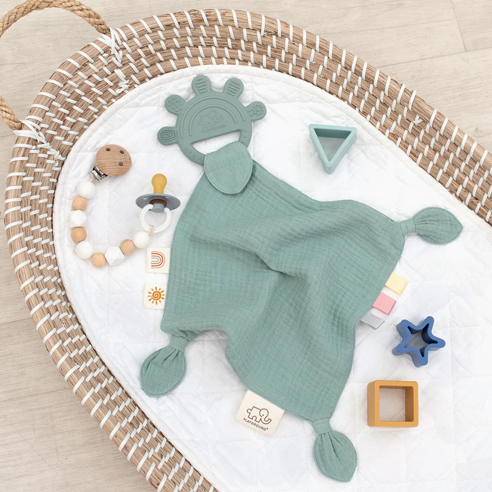 Personalised silicone comfort teether with muslin comforter in sage