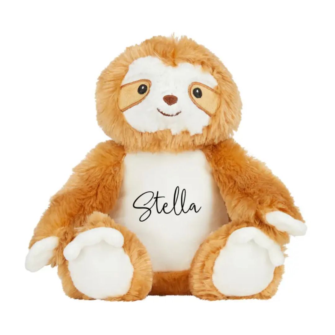 Personalised sloth plush toy customised with baby's name