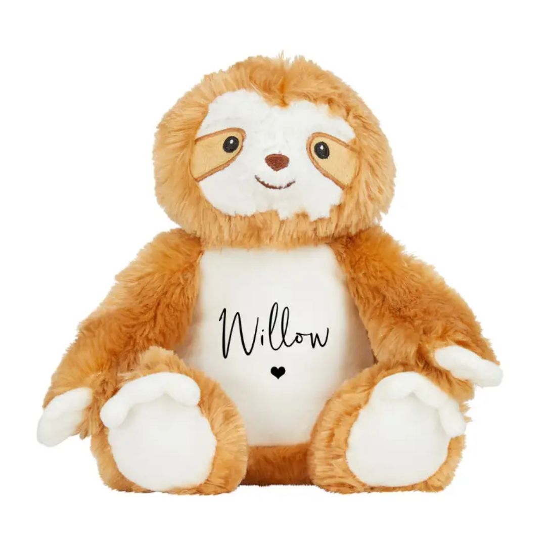 Personalised sloth plush toy customised with baby's name