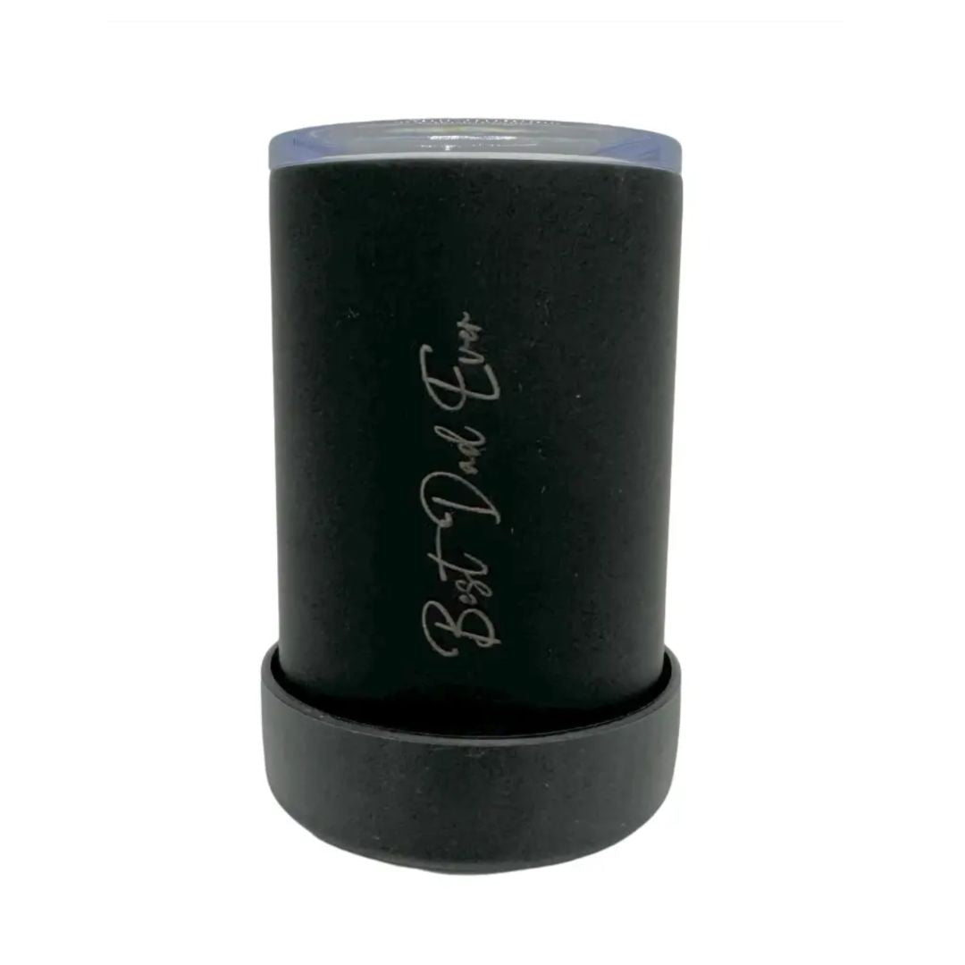 Personalised stainless steel stubby holder with 'Best Dad Ever' engraving for keeping drinks cold.