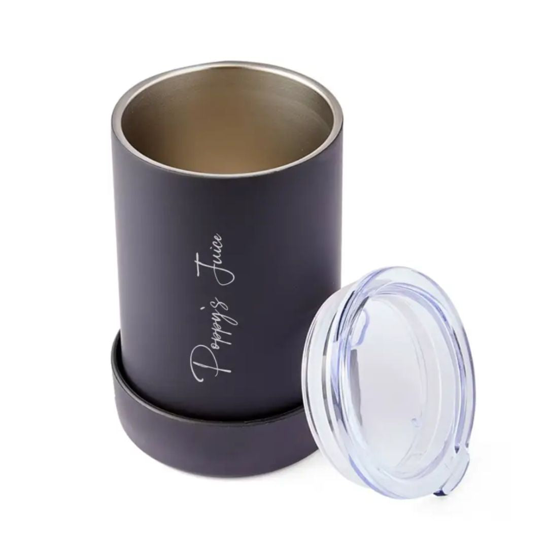 Personalised stainless steel stubby holder with lid, perfect for keeping drinks cold for Dad.