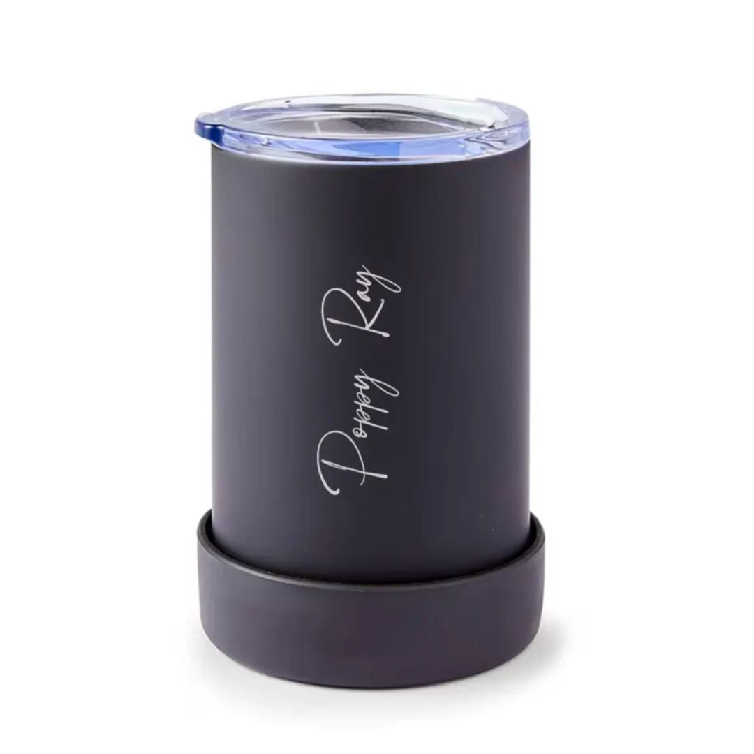 Personalised stainless steel stubby holder featuring a sleek black design with a custom name engraved.