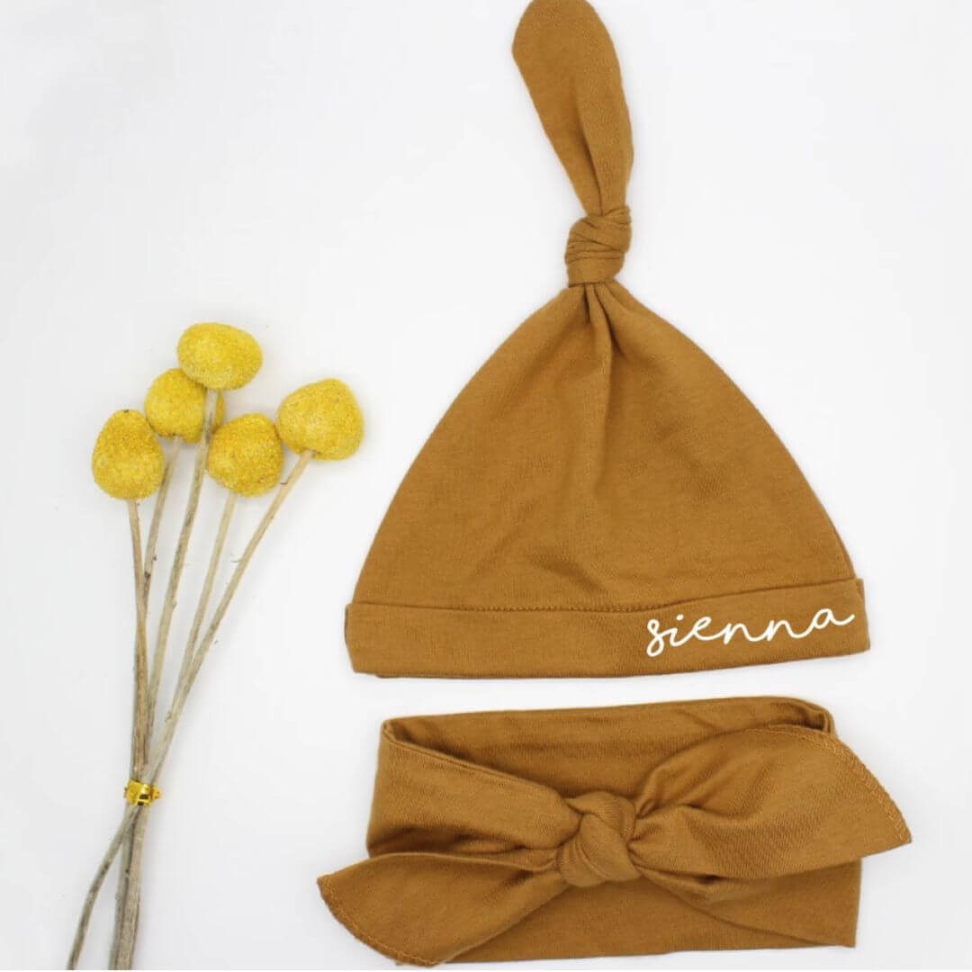 Personalised Swaddle and Beanie Set in mustard | Newborn Gift