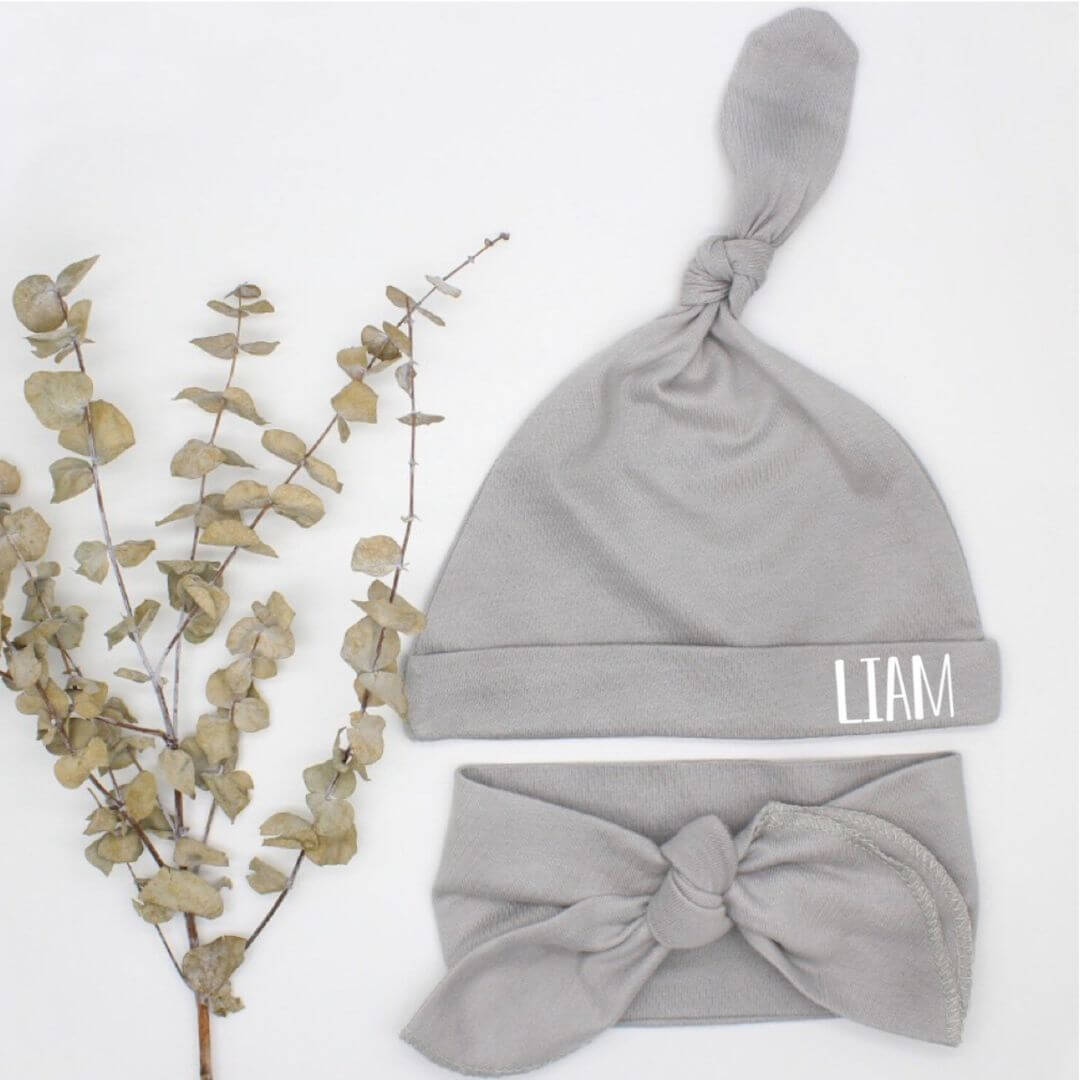 Personalised Swaddle and Beanie Set in stone | Newborn Gift
