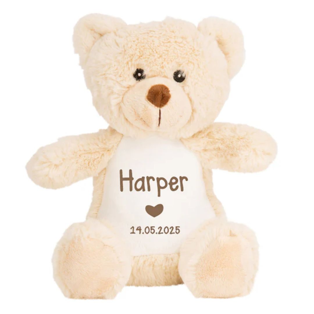 Cream teddy bear personalised with baby's name and date of birth
