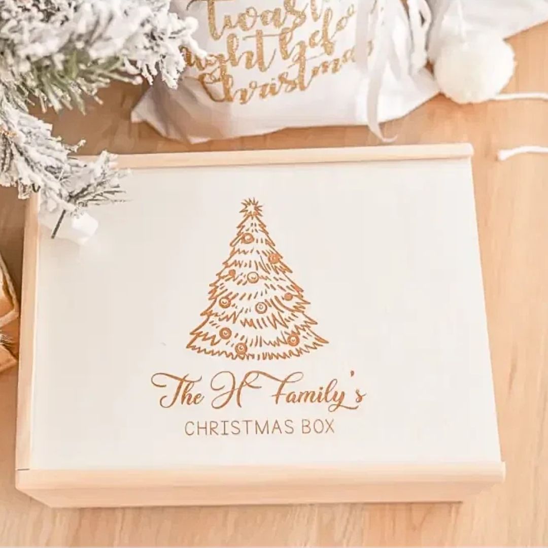 Personalised wooden Christmas Box with engraved name and vintage tree design