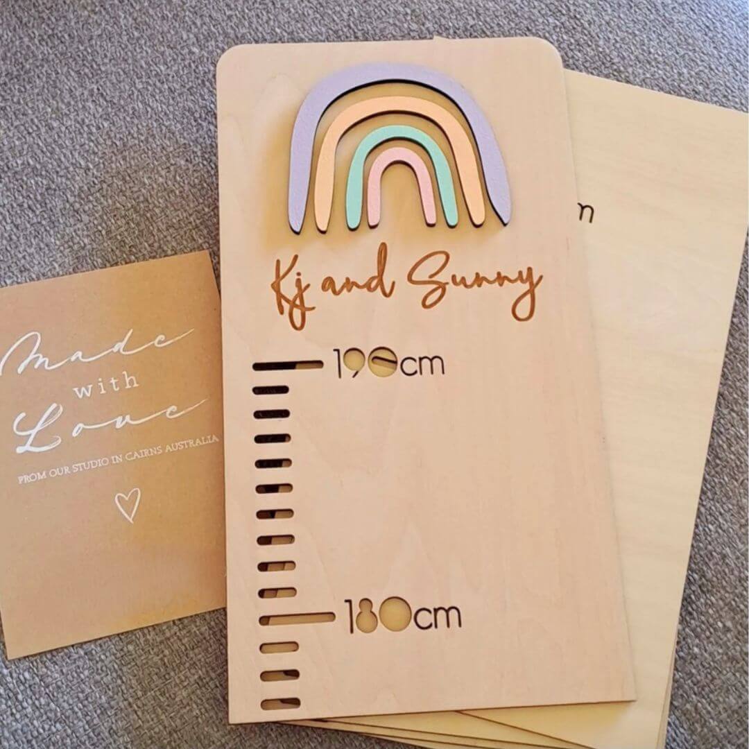 Personalised Wooden Height Chart - Pastel rainbow design - Lulu Babe