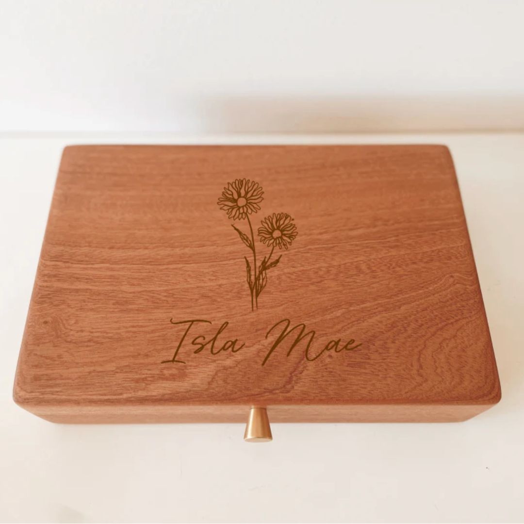 Wooden jewellery box with birth flower and name