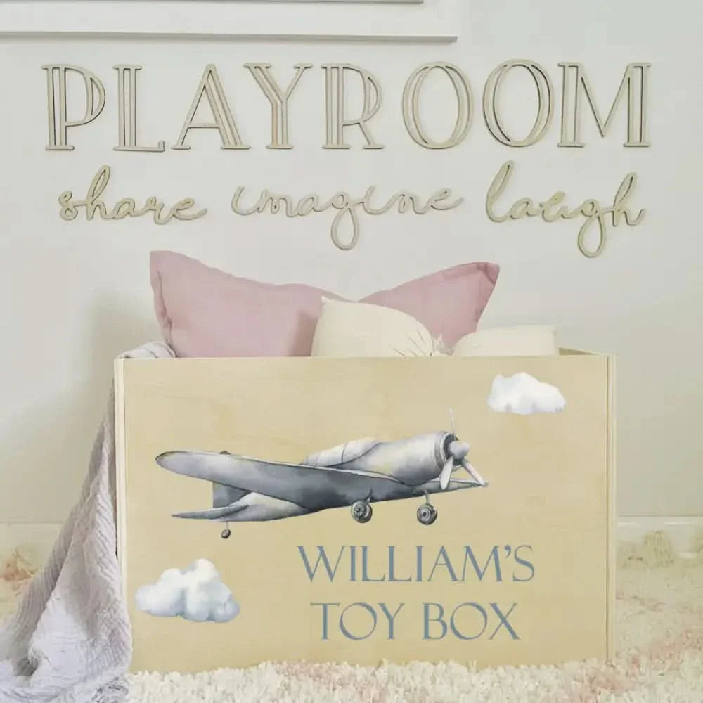 Personalised Wooden Toy Box featuring a plane design