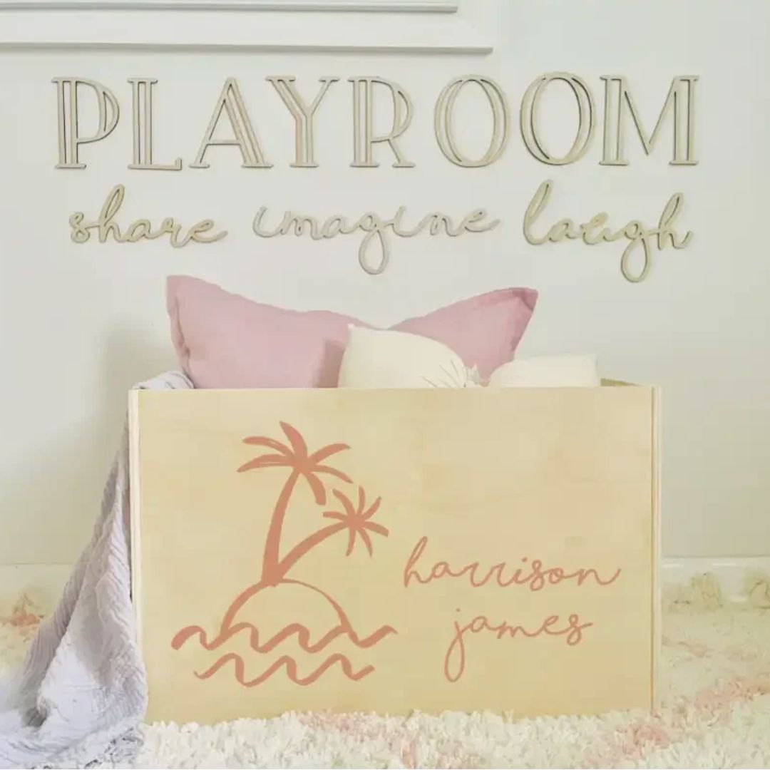 Personalised Wooden Toy Box with custom name and boho palm design