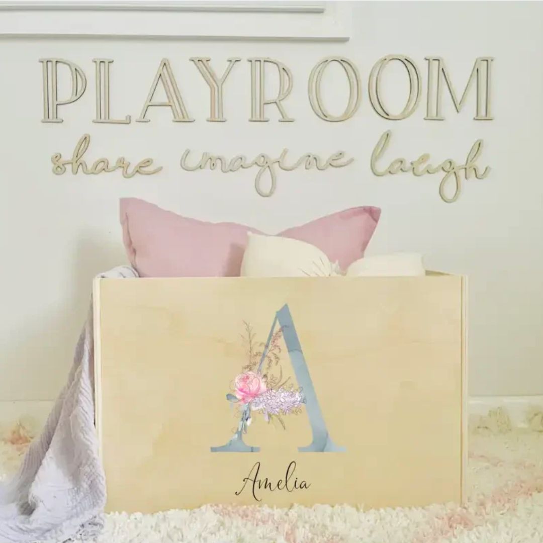 Personalised Wooden Toy Box with floral design