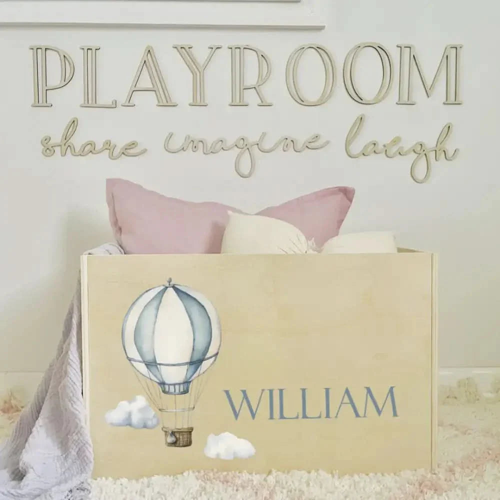 Personalised Wooden Toy Box with a hot air balloon design