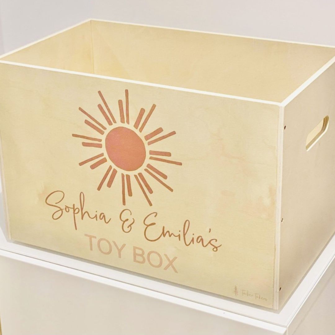 Personalised Wooden Toy Box with sun design, custom name for children’s room storage