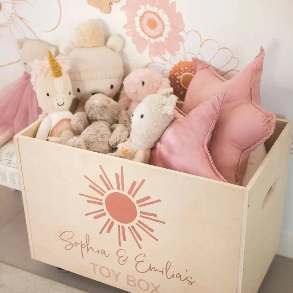 Personalised Wooden Toy Box, featuring custom name design for stylish toy storage.