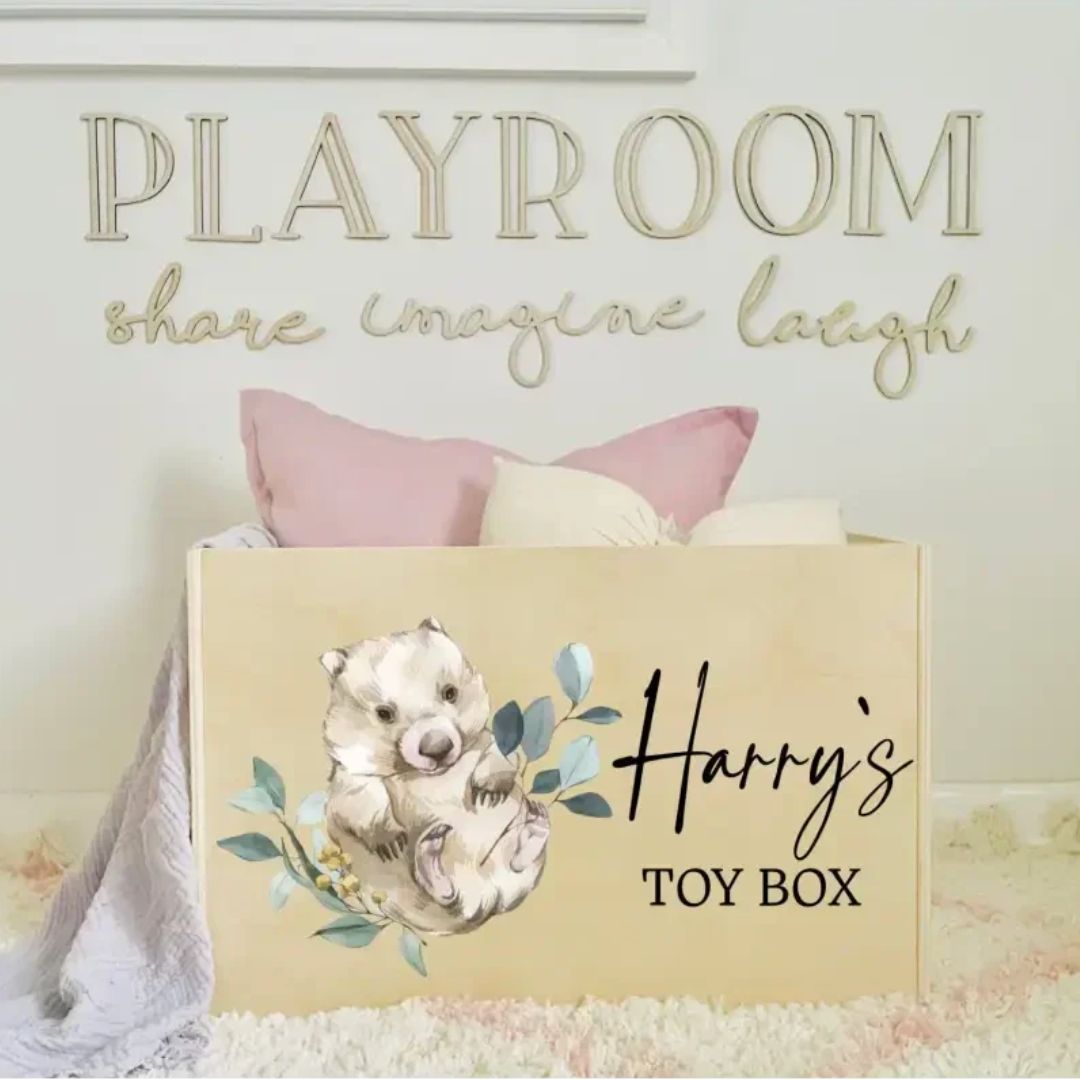 Personalised Wooden Toy Box with wombat design