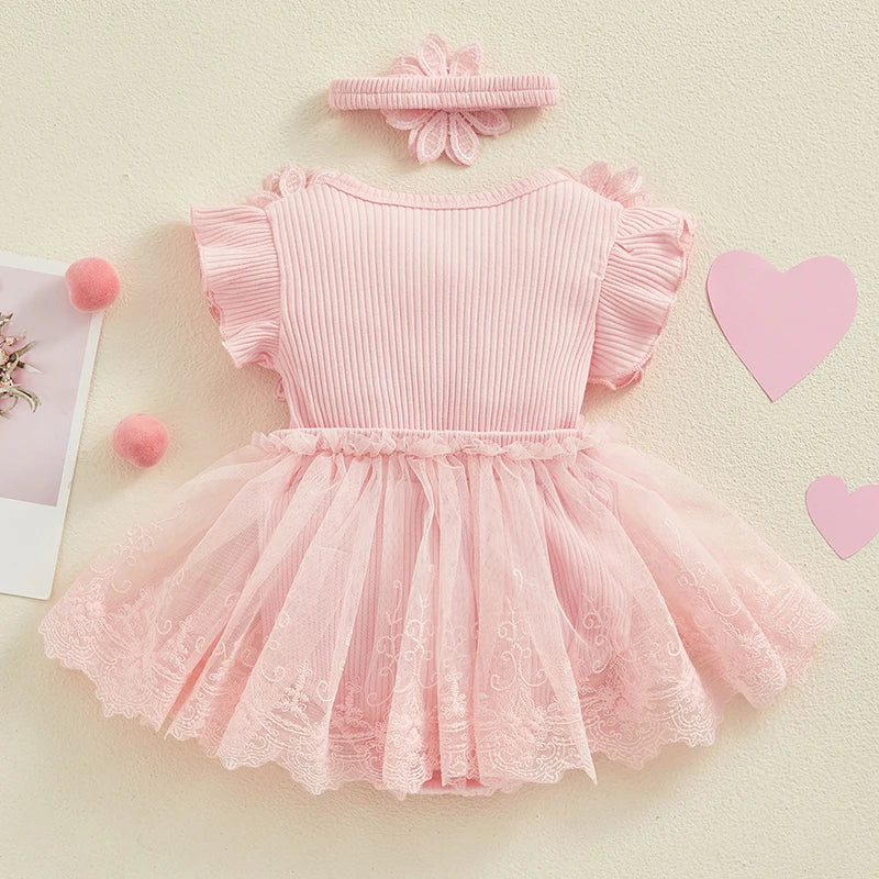 Pink baby dress with matching headband - flatlay back view