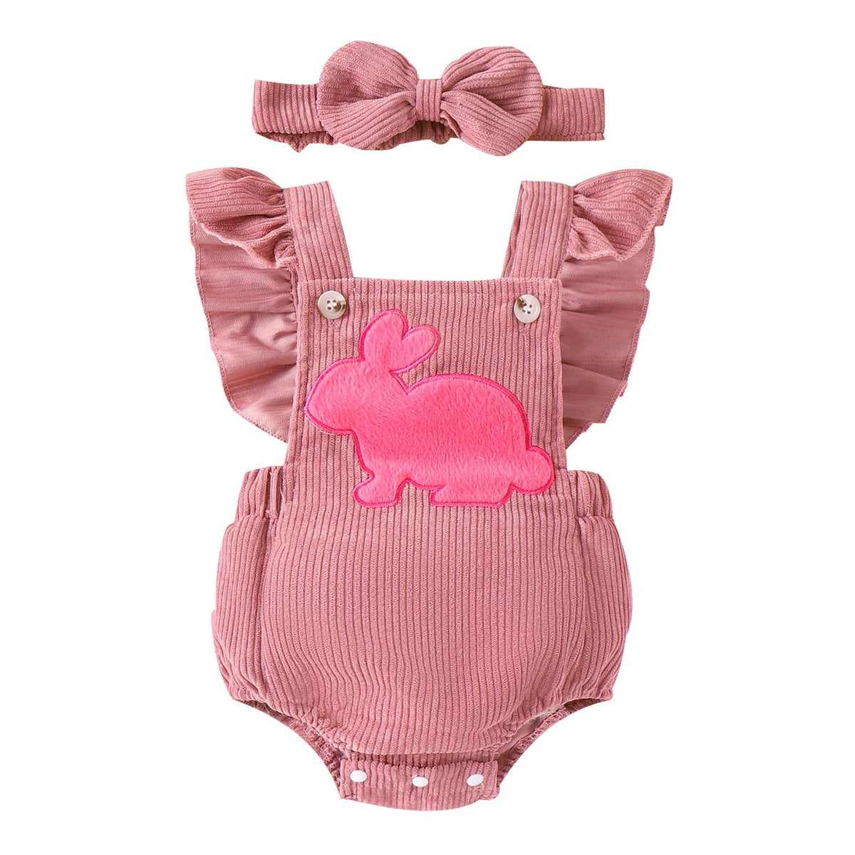 Pink bunny romper for baby girls in soft corduroy with matching headband, perfect Easter outfit