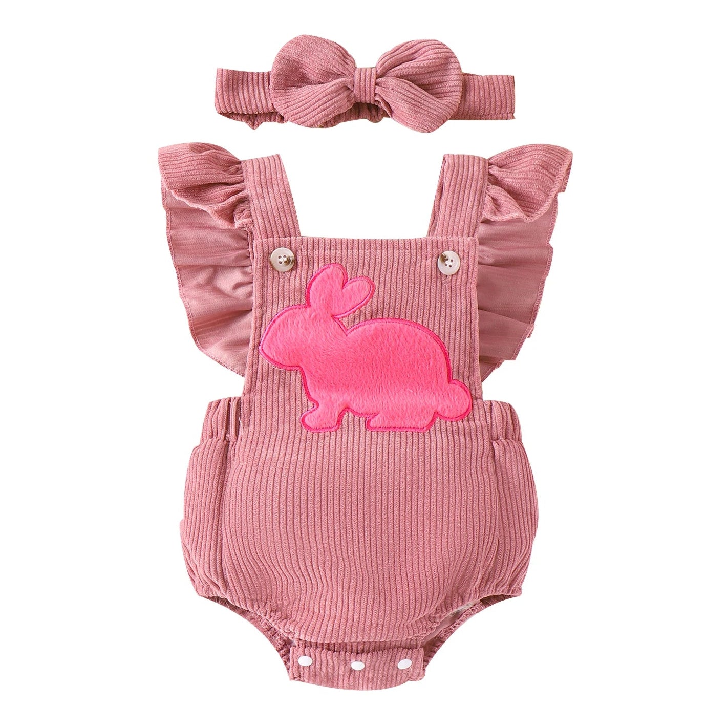 Pink bunny romper for baby girls in soft corduroy with matching headband, perfect Easter outfit