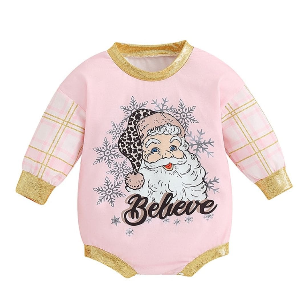 Pink Christmas Baby Romper | &#39;Believe Santa&#39; Onesie - Lulu Babe