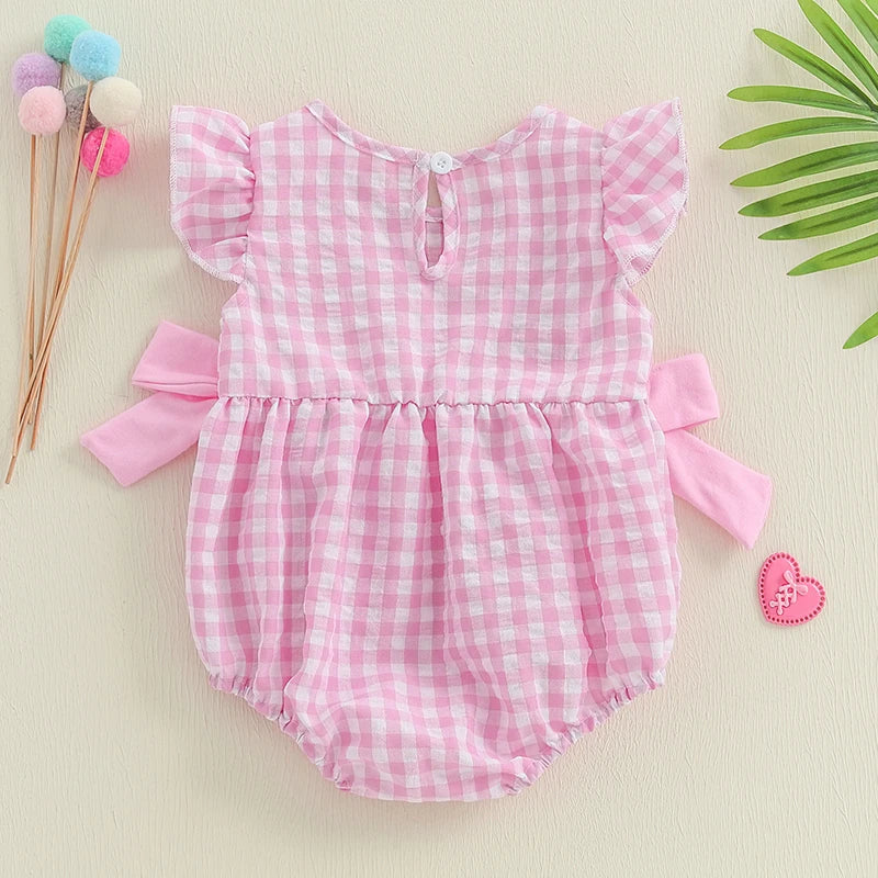 Back view of pink gingham Daddy's Girl romper