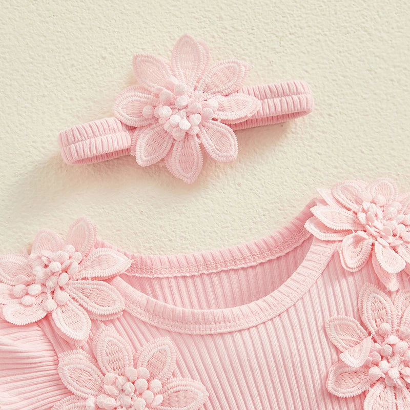 Closeup of floral details on pink baby girl dress and headband