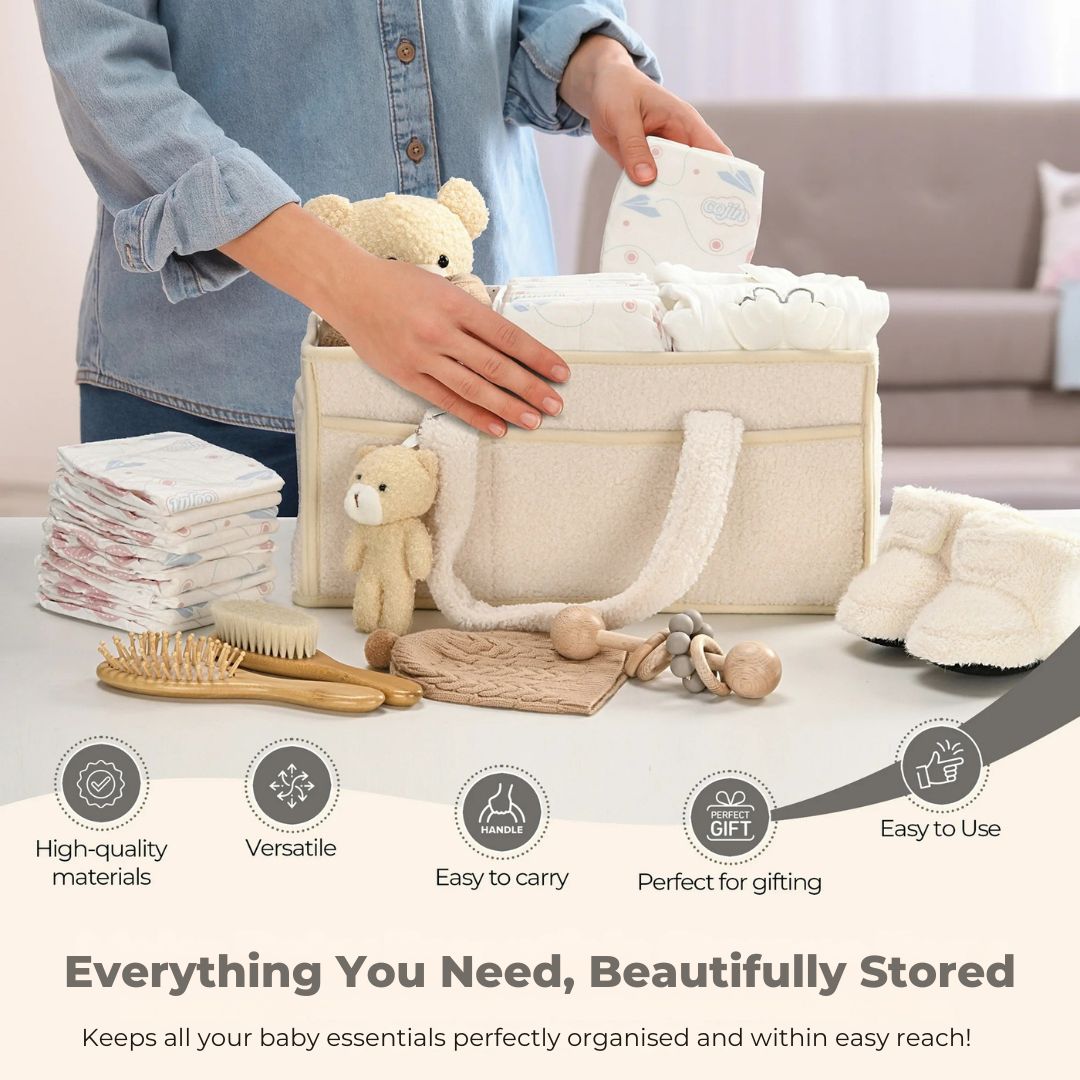Plush Nappy Caddy displaying baby essentials, including nappies, toys, and accessories for organised nursery space.