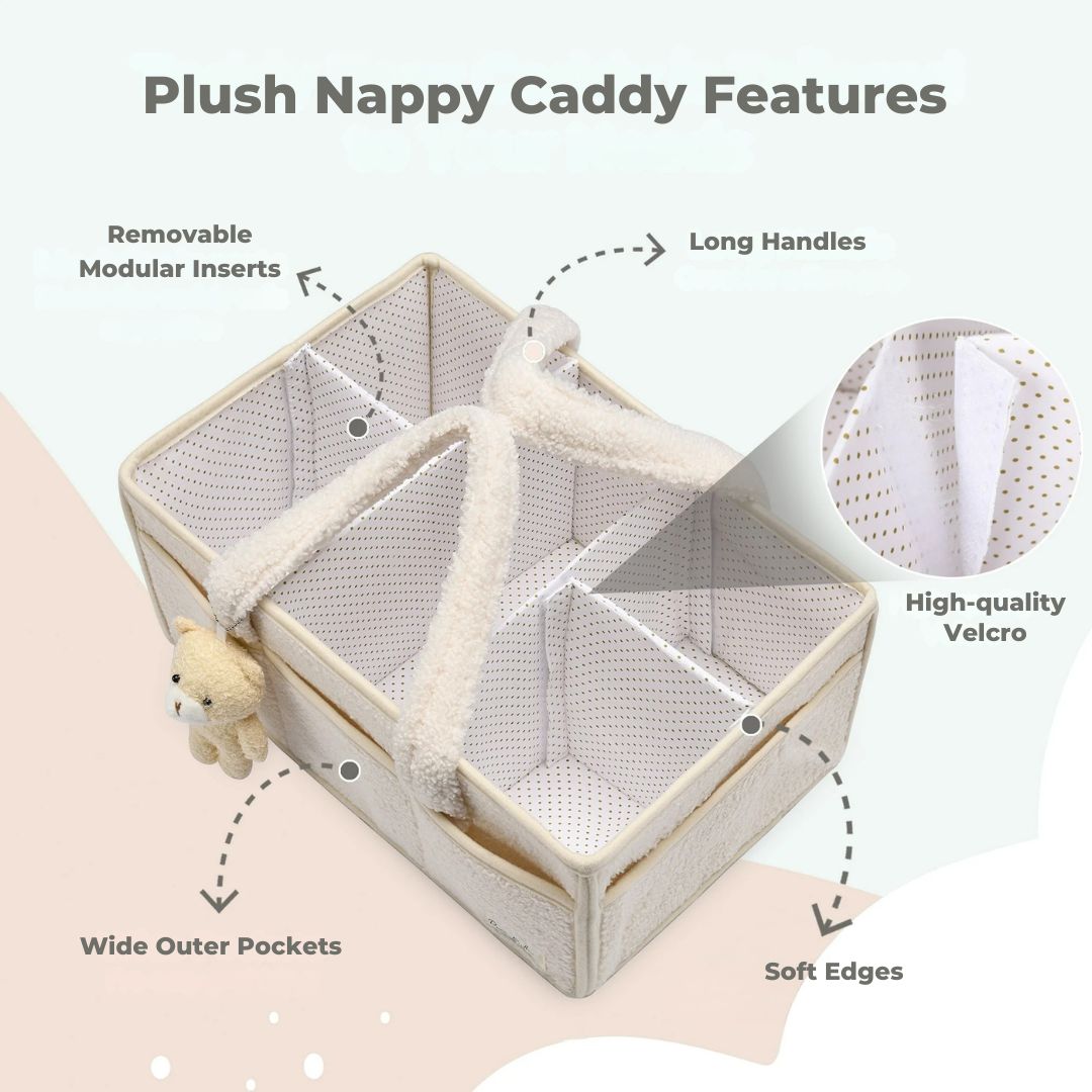 Plush Nappy Caddy features removable inserts, soft edges, and stylish design for organised baby essentials.