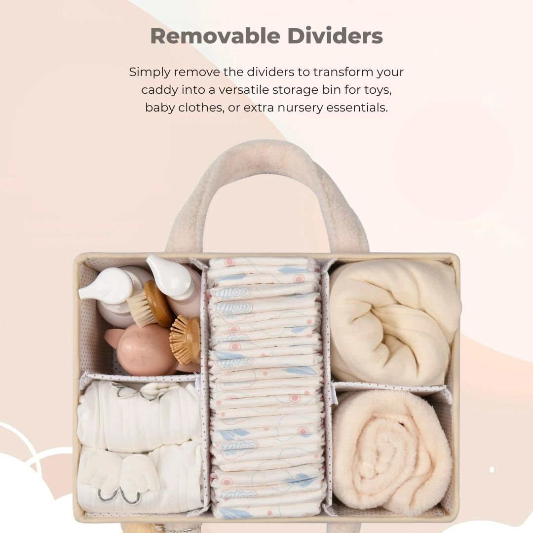 Plush Nappy Caddy in oatmeal with removable dividers for versatile storage of baby essentials.