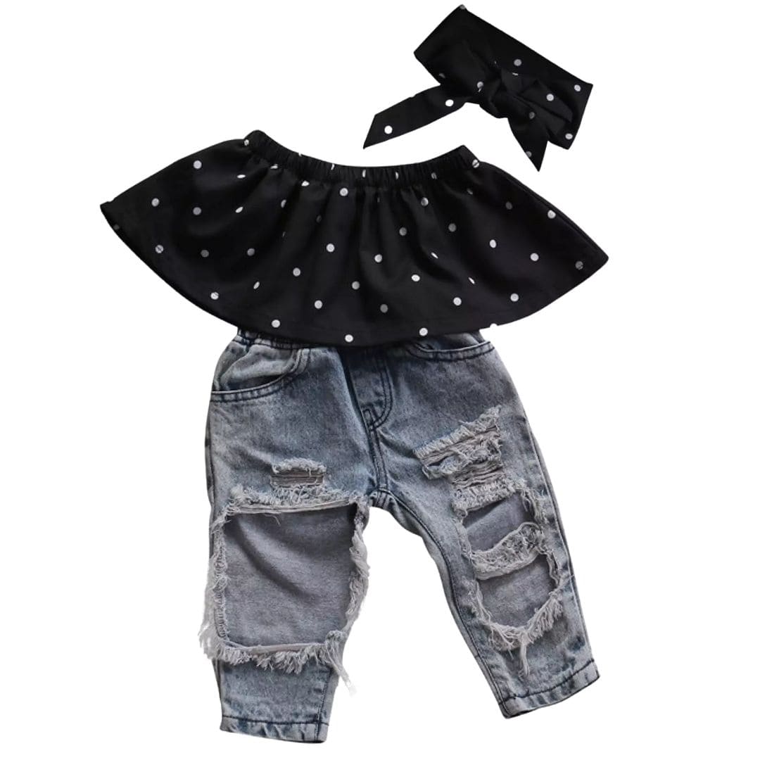 Trendy baby & toddler girl outfit - polka dot off-shoulder crop top and distressed denim jeans