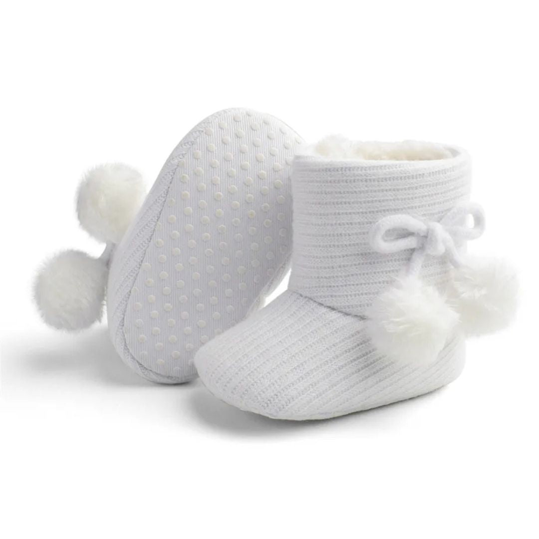Pom Pom Baby Slipper Boots White | Warm & Stylish Baby Booties for Winter - Lulu Babe