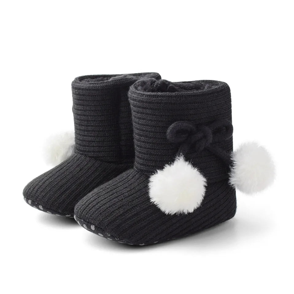 Pom Pom Baby Slipper Boots Black | Warm & Stylish Baby Booties for Winter - Lulu Babe