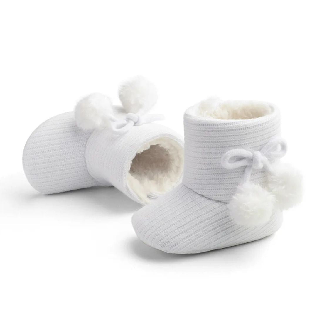 Pom Pom Baby Slipper Boots White | Warm & Stylish Baby Booties for Winter - Lulu Babe