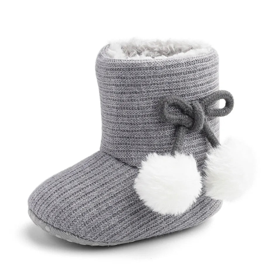 Pom Pom Baby Slipper Boots Grey | Warm & Stylish Baby Booties for Winter - Lulu Babe