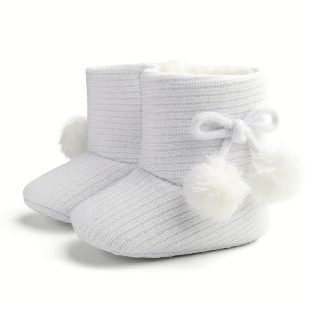Pom Pom Baby Slipper Boots White | Warm & Stylish Baby Booties for Winter - Lulu Babe