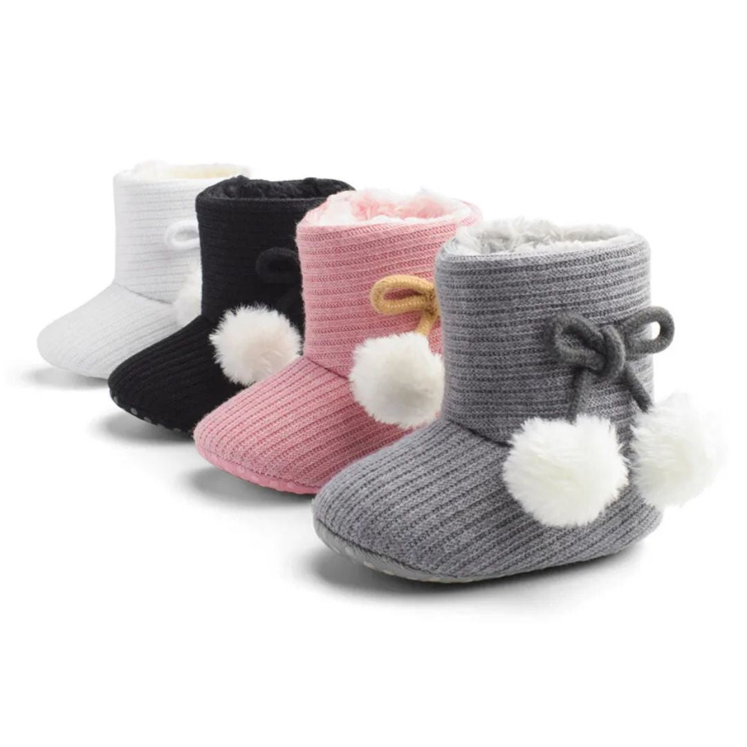 Pom Pom Baby Slipper Boots - in white, black, pink & grey - Lulu Babe