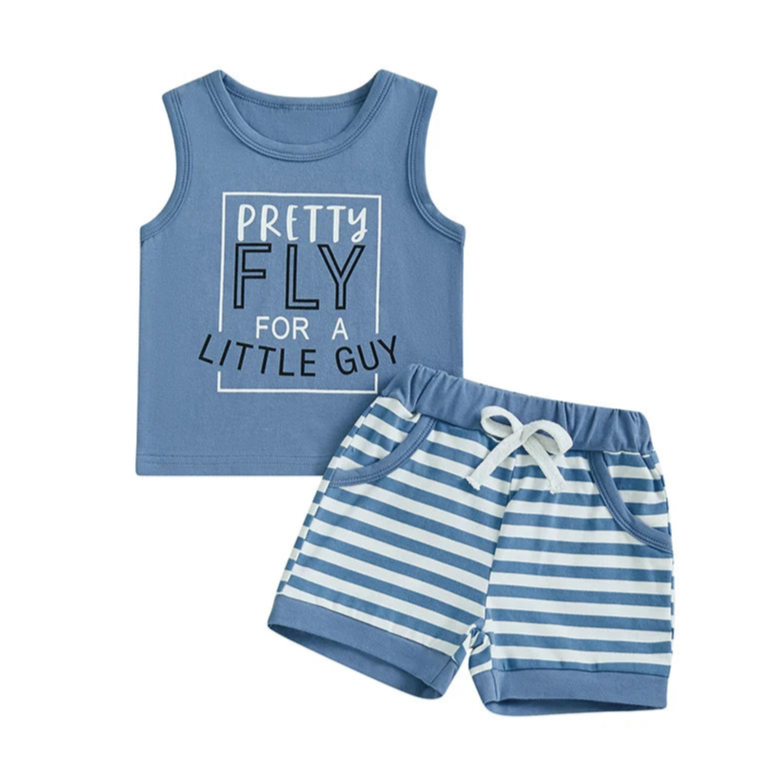 Pretty Fly For A Little Guy Set featuring a blue tank and stripe shorts for baby boy style.