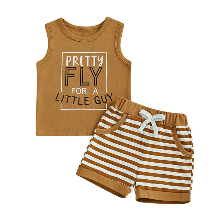 Pretty Fly For A Little Guy Set for baby boy, featuring a fun tank top and striped shorts.