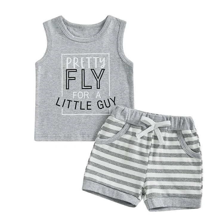 Pretty Fly For A Little Guy Set for baby boy in grey, featuring a fun tank and stylish striped shorts.