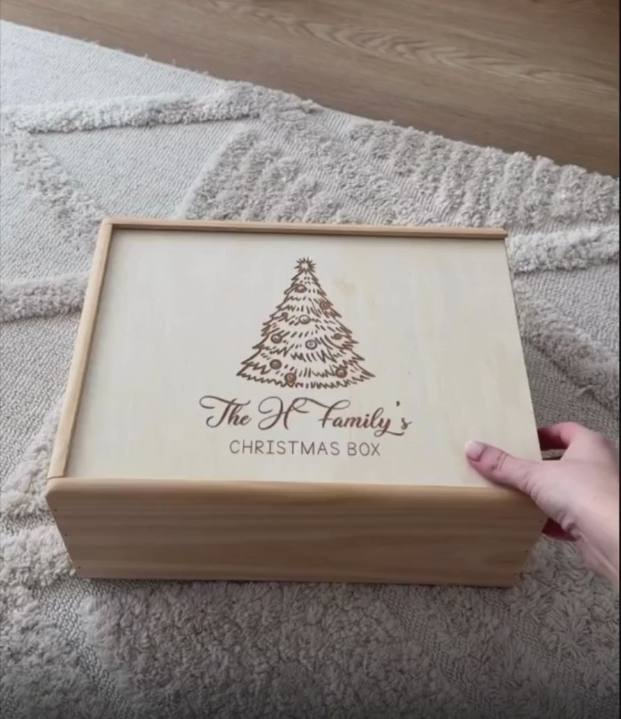 Video of personalised wooden Christmas Box packed with Christmas goodies