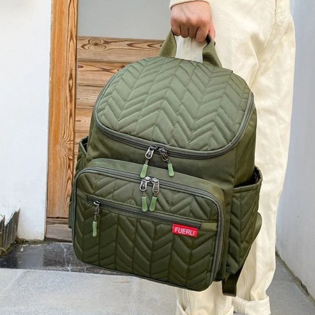 Stylish Quilted Chevron Nappy Backpack in olive green.